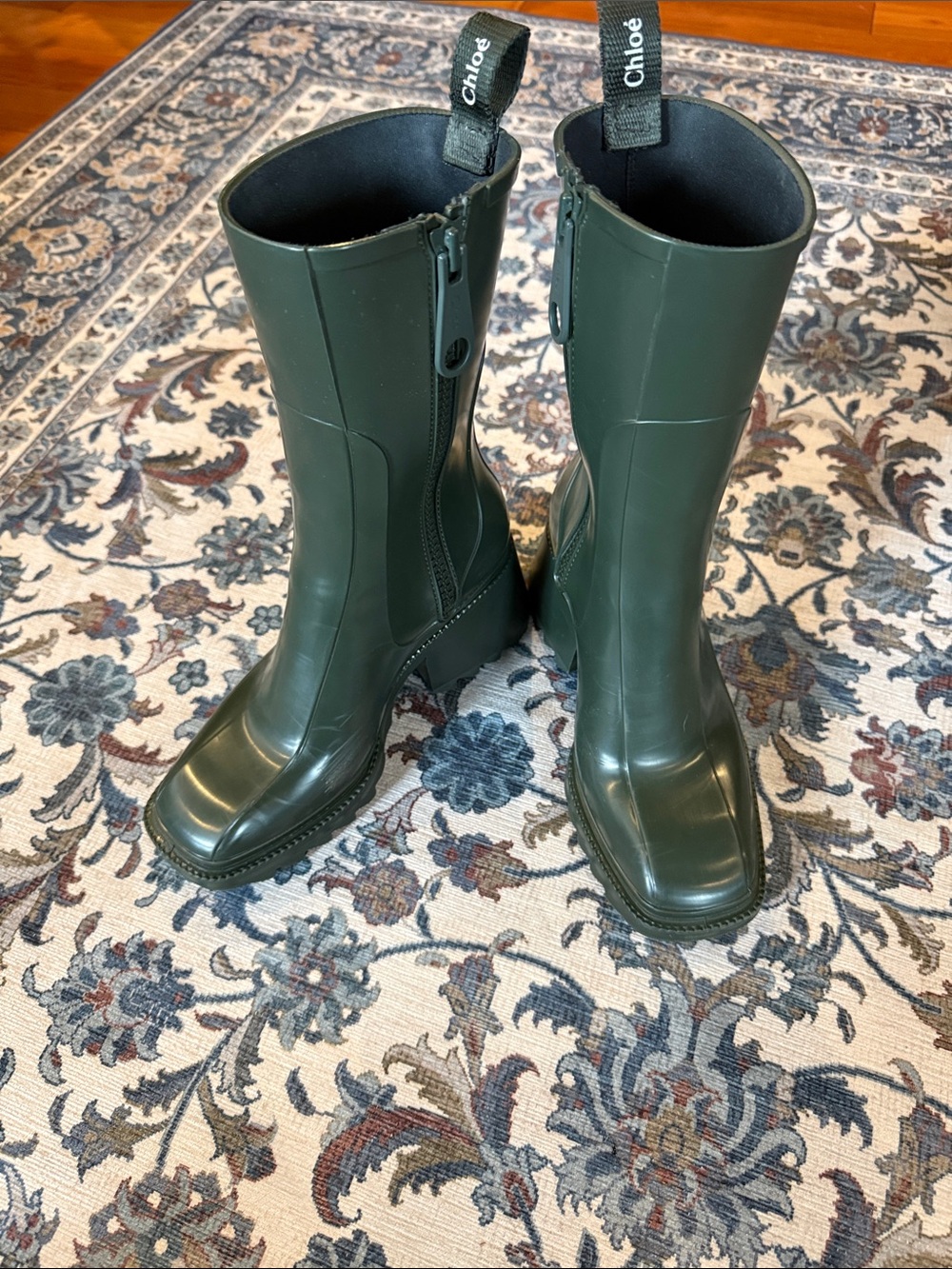 Chloe Olive Green Tall Rubber Zip Rain Boots